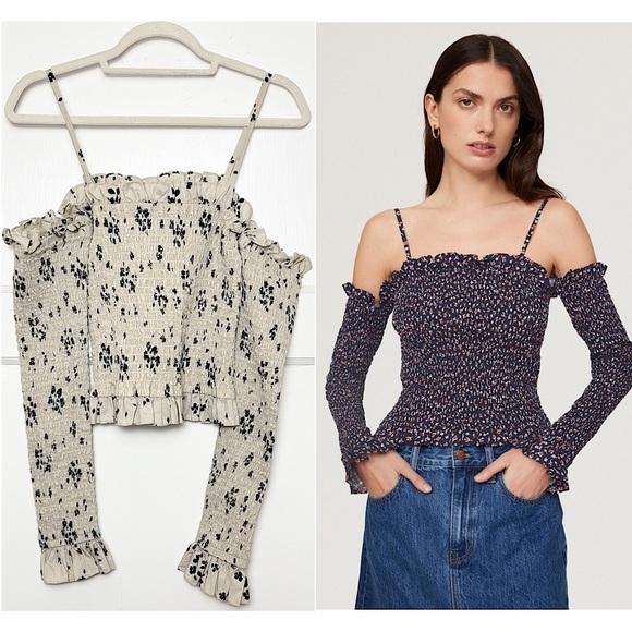 Polo Ralph Lauren Tops - POLO RALPH LAUREN 90s Taupe Floral Square Neck Smocked Long Sleeve Ruffled Top S